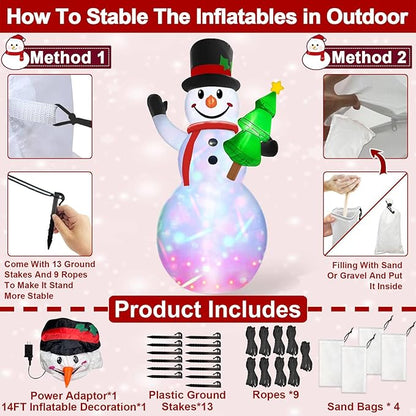 14 Ft by 7.5 Ft Large Christmas Inflatables Snowman Outdoor Decorations Build-in Rotating Colorful Light, Huge Snowman Inflatable with Christmas Tree & Hat Blow Up Yard Decor for Lawn Garden Outside