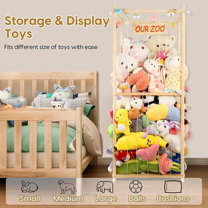 Extra Large Stuffed Animal Storage Wooden Stuff Animal Organizer 63" Stuffed Animal Zoo Holder Kids Plush Toys Cage Stuffed Animal Display with Light Strips for Playroom Bedroom Nursery Room Decor