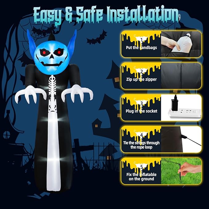 12FT Halloween Inflatables Pumpkin Reaper, Giant Pumpkin Ghost Inflatable Halloween Decorations with Blue Rotating LED Lights Blow Up Yard Decorations for Holiday Party Outdoor Garden Lawn
