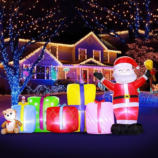 DomKom 8FT Christmas Inflatables Outdoor Decoration, Blow up Gift Boxes Santa Claus Build-in LED Lights for Party Lawn Holiday Winter Decor