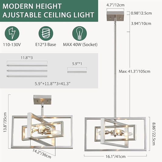Modern Brushed Nickel Chandelier 3-Light Geometric Ceiling Light Fixture 16" Adjustable Height Pendant for Foyer, Entryway, Dining Room