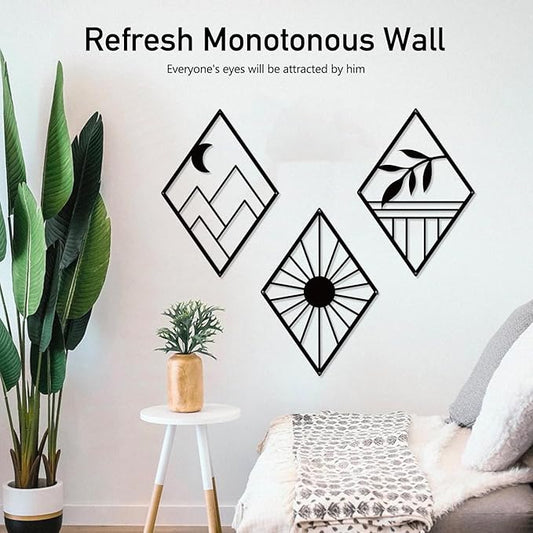 Sokurdeg Boho Metal Minimalist Geometry Wall Art, Black Bohemian Line Metal Art Wall Decor, Modern Abstract Wall Art for Bedroom Bathroom Living Room (3 Pack, 12 x 17 in)