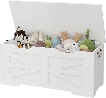 IDEALHOUSE 39.4" Toy Chest, Large Storage Chest with Safety Hinge, Kids Wooden Toy Box with Lid, Supports 350 lbs, Storage Bench Trunk for Entryway, Living Room, Bedroom, White