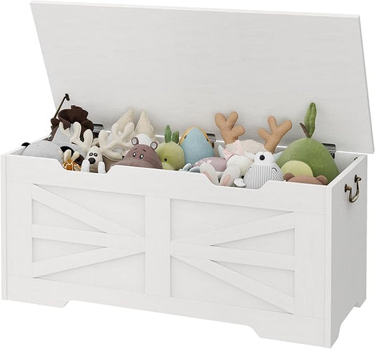 IDEALHOUSE 39.4" Toy Chest, Large Storage Chest with Safety Hinge, Kids Wooden Toy Box with Lid, Supports 350 lbs, Storage Bench Trunk for Entryway, Living Room, Bedroom, White