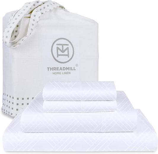 Threadmill Luxury 100% Cotton Queen Bed-Sheets - 800 Thread Count Jacquard Celine Hotel White, Better Than Egyptian Cotton,4 Pc Striped Bed Set, Damask Sheets with 16" Deep Pocket