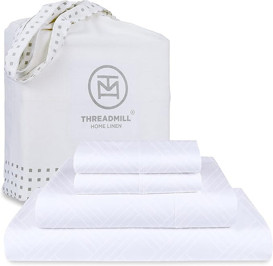 Threadmill Luxury 100% Cotton King Size Sheets Set- 800 Thread Count Jacquard Celine Hotel White, Better Than Egyptian Cotton,4 Pc Striped Bed Set, Damask Bed Sheets with 16" Deep Pocket