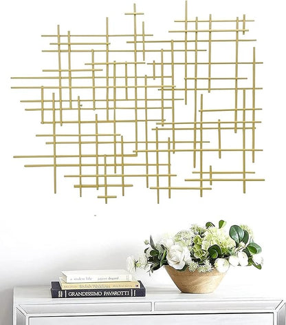 Bellaa 27079 Metal Wall Art Cross Geometric Abstract Modern Contemporary 3D Hanging Wrought Iron Minimalist Sculpture Living Room Outdoor Boho Farmhouse Home Decor Champagne Light Gold Large