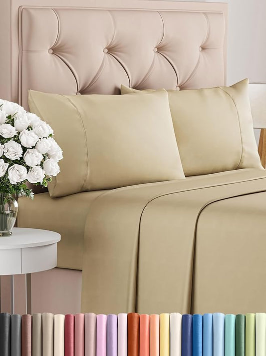 CGK Linens Twin XL 4 Piece Sheet Set - Cooling Sheets for Hot Sleepers - Hotel Luxury Bedding Set with 8-16 Inch Deep Pockets - 1 Flat & 1 Fitted & 2 Pillowcases - Soft, Comfy & Wrinkle Free - Beige