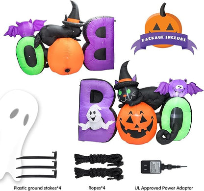 MUMTOP Halloween Inflatables Outdoor Decorations - 5 FT Pumpkin Inflatable with Ghost, Black Cat and Bat, Halloween Blow Up Yard Decorations with Built-in LED Lights for Party Yard Garden