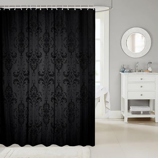 Feelyou Black Damask Shower Curtain 72"x78" Kids Vintage Floral Bathroom Shower Curtain Set for Boys Girls Teens Antique Victorian Baroque Bath Curtain Baroque Style Bathroom Accessories