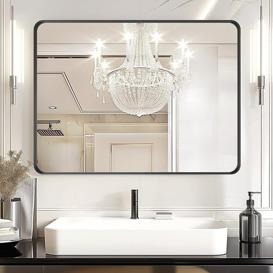 USHOWER Black Large Bathroom Mirror, 40 × 30 Inch Rectangle Mirror for Bedroom, Bathroom, Dining Room, Entryway, Wall Mounted & Metal Frame, Tempered Glass, Hangs Horizontally or Vertically