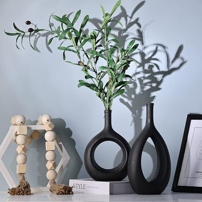 Black Ceramic Vase Set 2,Modern Hollow Circle with Hole Flower Vase for Home Decor,for Table Centerpieces,Farmhouse,Fire Place,Living Room,Bedroom,Office,Bookshelf,Rustic Decor