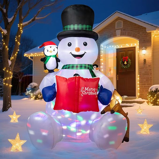 Dawdix 7 FT Christmas Inflatable Snowman Outdoor Decorations, Blow up Snowman Yard Decor Built-in Colorful Rotating LED, Penguin & Reindeer Christmas Decoration, Xmas Holiday Decor for Garden Lawn