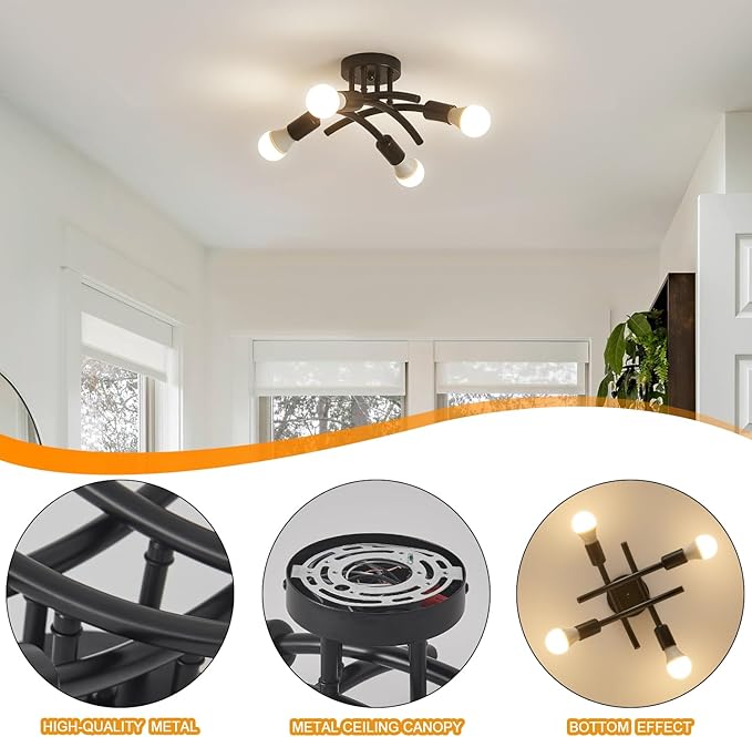 BUXVRCS Semi Flush Mount Ceiling Light Fixture, Modern Sputnik Chandelier Light Fixtures, Industrial Kitchen Light Fixtures Ceiling Mount, 4-Light Dining Room Light Fixture for Bedroom Hallway (Black)