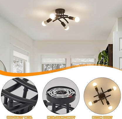 BUXVRCS Semi Flush Mount Ceiling Light Fixture, Modern Sputnik Chandelier Light Fixtures, Industrial Kitchen Light Fixtures Ceiling Mount, 4-Light Dining Room Light Fixture for Bedroom Hallway (Black)