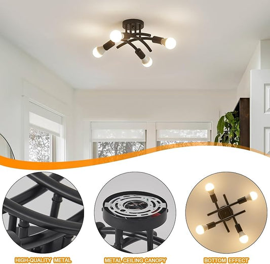 BUXVRCS Semi Flush Mount Ceiling Light Fixture, Modern Sputnik Chandelier Light Fixtures, Industrial Kitchen Light Fixtures Ceiling Mount, 4-Light Dining Room Light Fixture for Bedroom Hallway (Black)