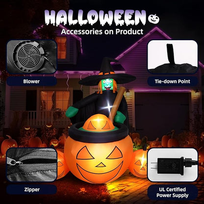 7 FT Tall Halloween Inflatables Witch Pumpkin Pot Outdoor Decorations Blow Up Yard with Built-in LEDs for Lawn Garden Holiday Indoor Party Decor
