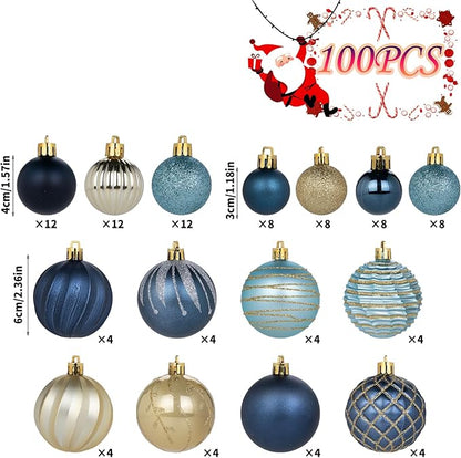 100Pcs Christmas Ball Ornaments Set, Assorted Shatterproof Christmas Ornament, Christmas Tree Theme Hanging Decoration for Xmas Tree Holiday/Party/Home Decor (Blue & Gold)