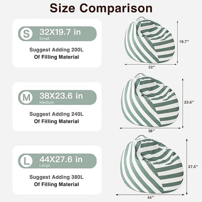 EXQ Home Kids Bean Bag Chairs Cover -Stuffed Animal Bean Bag Storage Green and White Stripes-Zipper Bean Bag for Organizing Children Plush Toys Holiday Gift for Girl,Boys (XL)