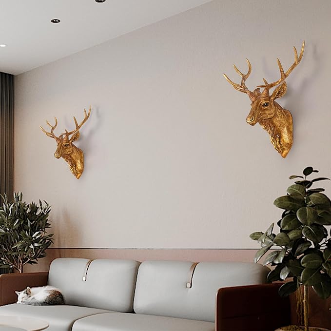 Bodun Deer Head Wall Mount Decor 14.5 inches Faux Deer Head Sculpture for Bar Background Wall Mount Home Living Room Wall Art Christmas Decoration Resin Antler Decor (Gold)