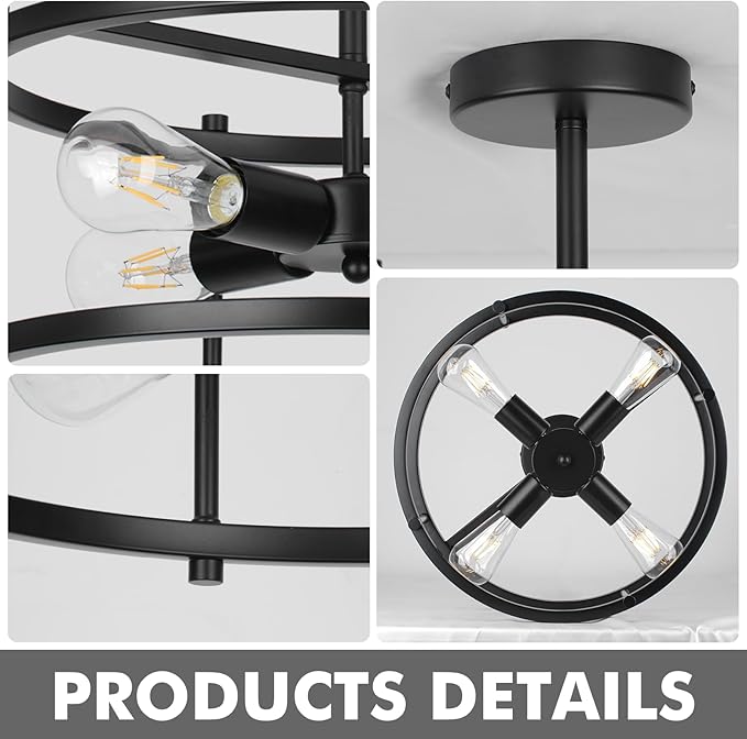 16" Semi Flush Mount 4-Light Industrial Ceiling Light, Black Chandelier for Kitchen, Dining Room, Entryway, Bedroom, Living Room