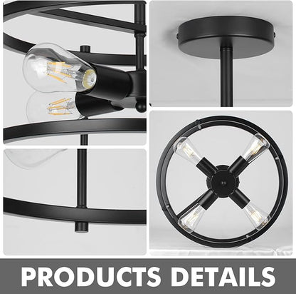 16" Semi Flush Mount 4-Light Industrial Ceiling Light, Black Chandelier for Kitchen, Dining Room, Entryway, Bedroom, Living Room
