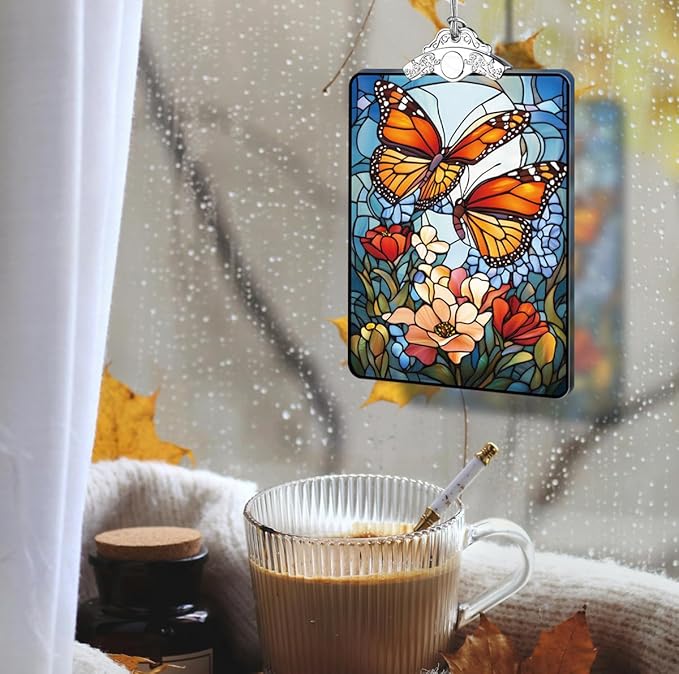 Butterfly Stained Glass Ornament, 2025 Christmas Tree Hanging Decoration for Gift Exchange or Stocking Stuffer, Floral Holiday Decor, 3.8 x 2.4 Inch