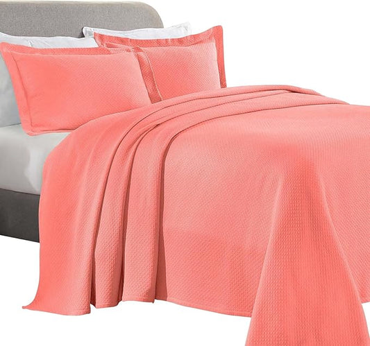 Superior Solitaire Cotton 2 Piece Bedspread Set, Home Bed Decor, Decorative Textured Bed Spread, 1 Pillow Sham, Airy Blanket, Matelasse Coverlet Bedding, All-Season Accent Blanket, Twin, Coral