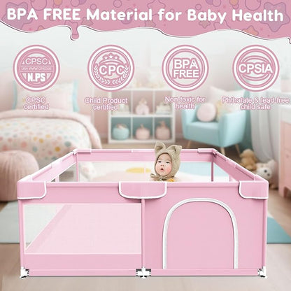 Baby Playpen, Baby Playard for Babies and Toddlers, BabyFence Play Pens for Indoor & Outdoor, Sturdy Safety Play Yard with Soft Breathable Mesh, Anti-Fall, 50 * 50 * 27 inches, Pink