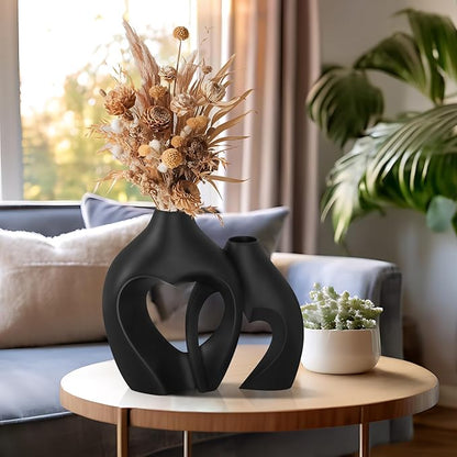 Black Vases for Decor, Heart Shaped Ceramic Vase Set of 2, Nordic Modern Boho ins Style Decorative Ceramic Aesthetic Flower Vase for Home Decor, Living Room Office House Decoration