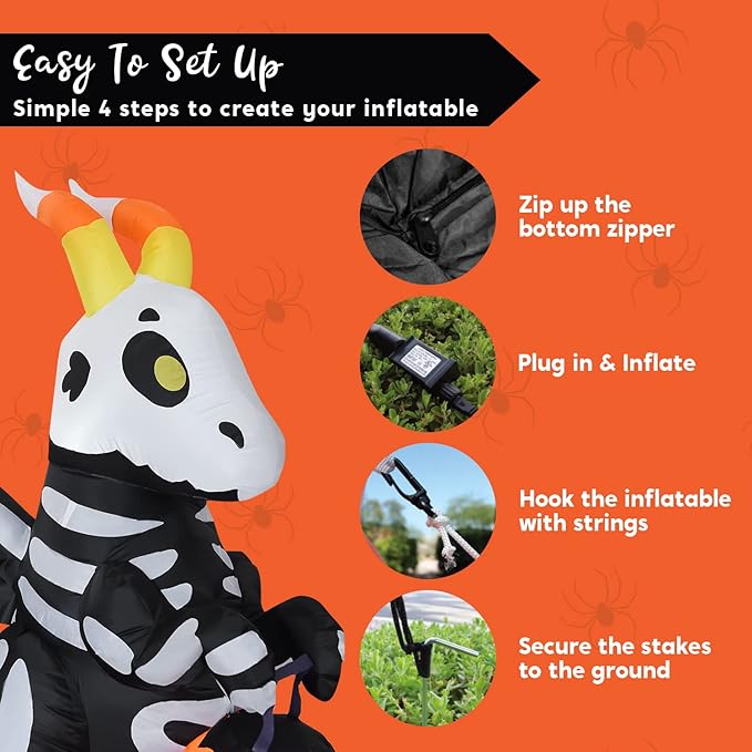 Joiedomi 5 FT Tall Halloween Inflatables Outdoor Decorations, Blow Ups Skeleton Halloween Decor Inflatable Skeleton Dragon with Build-in LEDs for Outside Yard Decorations
