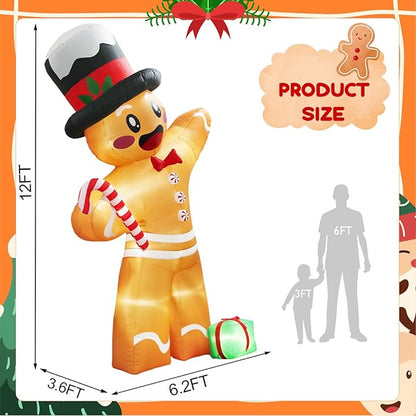 12FT Christmas Inflatables Outdoor Decorations Gingerbread Man, Giant Inflatable Christmas Yard Decorations Outdoor with 8 LED, Christma Blow-up Yard Decorations for Outdoor Indoor Lawn