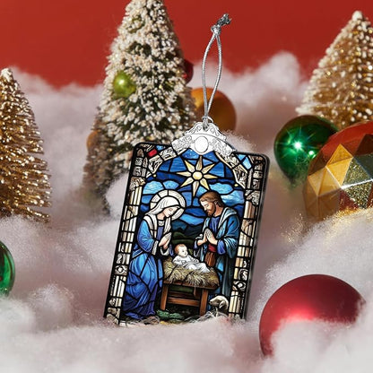 Nativity Scene Stained Glass Ornament, 2025 Christmas Tree Hanging Decoration for Gift Exchange or Religious Holiday Display, 3.8 x 2.4 Inch