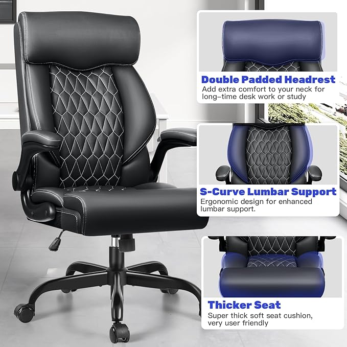 Office Chair, High Back Executive Office Chair Ergonomic Computer Desk Chair with Rocking Function, Leather Managerial with Adjustable Flip-Up Armrests and Lumbar Support