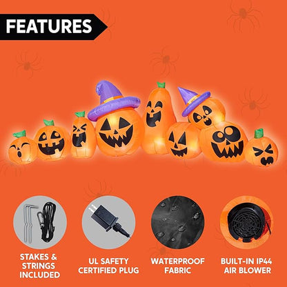 Joiedomi 12.5 FT Halloween Inflatable Pumpkin Outdoor Decorations, Blow Up Yard Decorations with Witch Hat, 9 Pcs Blow Up Pumpkin Inflatable with Built-in LEDs for Halloween Decor