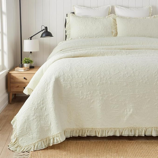 Brandream Cream Yellow White Quilt Set Queen Size Cotton Matelasse Bedding Luxury Ruffle Bedspread 3-Piece