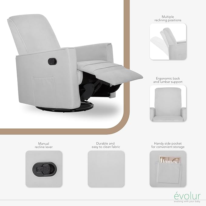 Evolur Raleigh Upholstered Plush Seating Glider Swivel, Recliner, Glider For Nursery In Misty Grey, Greenguard Gold Certified, Modern Nursery Recliner, Environmentally Conscious Glider