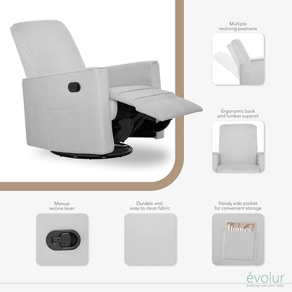 Evolur Raleigh Upholstered Plush Seating Glider Swivel, Recliner, Glider For Nursery In Misty Grey, Greenguard Gold Certified, Modern Nursery Recliner, Environmentally Conscious Glider