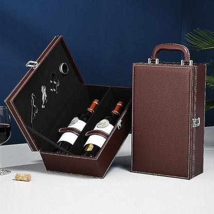 TANG SONG Leather Double Bottle Wine Gift Box with 4 Wine Accessories Wine Bottle Storage whit Locking Latch (Brown)