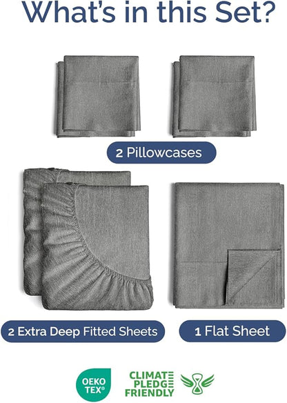 Extra Deep Split King Sheet Set - 7 Piece Breathable & Cooling Sheets - Hotel Luxury Bed Sheets Set - Easy Fit - Soft, Wrinkle Free & Comfy Sheets Set - Heathered Grey Sheet Set w/Extra Deep Pockets