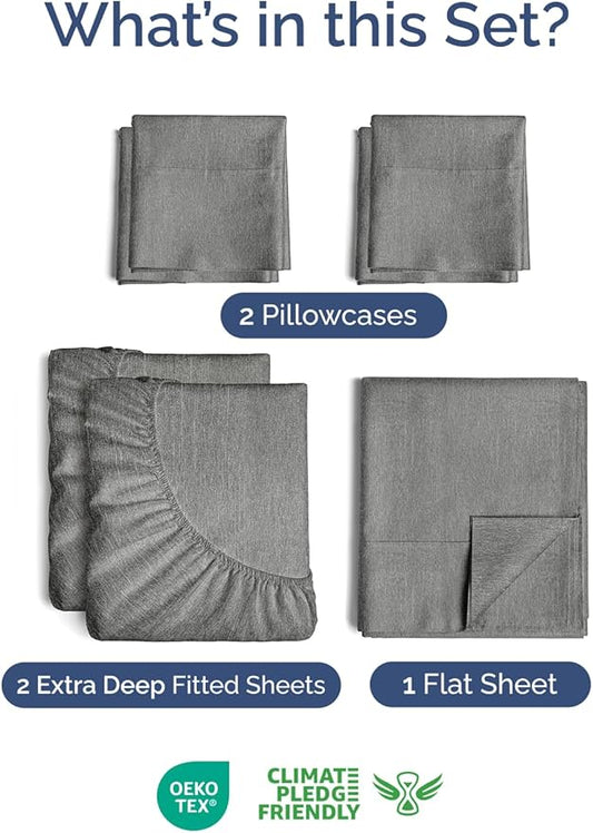 Extra Deep Split King Sheet Set - 7 Piece Breathable & Cooling Sheets - Hotel Luxury Bed Sheets Set - Easy Fit - Soft, Wrinkle Free & Comfy Sheets Set - Heathered Grey Sheet Set w/Extra Deep Pockets