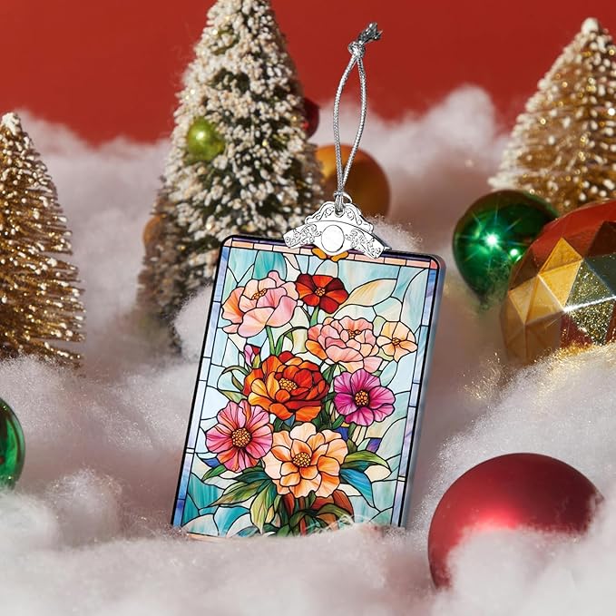 Floral Stained Glass Ornament, 2025 Christmas Tree Hanging Decoration for Gift Exchange or Stocking Stuffer, Holiday Bloom Decor, 3.8 x 2.4 Inch