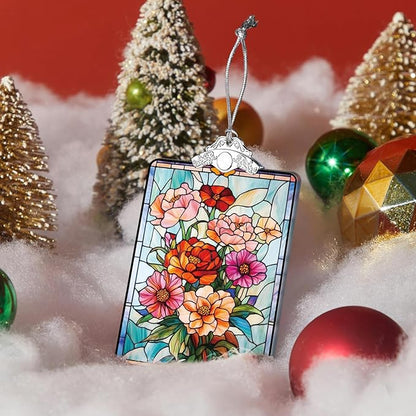 Floral Stained Glass Ornament, 2025 Christmas Tree Hanging Decoration for Gift Exchange or Stocking Stuffer, Holiday Bloom Decor, 3.8 x 2.4 Inch