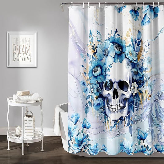 AILONEN Sugar Skull Blue Shower Curtain, Watercolor Floral Skull Octopus Printed Bath Curtain,Bathroom Waterproof Shower Curtain for Boys Girls 72" W x 72" H,with 12 Plastic Hooks