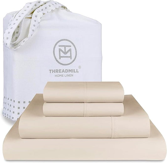 Threadmill Luxury 800 Thread Count California King 100% Cotton Sheets - Light Beige Sateen Weave Bed-Sheets, Better Than Egyptian Cotton,4 Pc Solid Bedding Set, Fits 16" Deep Pocket