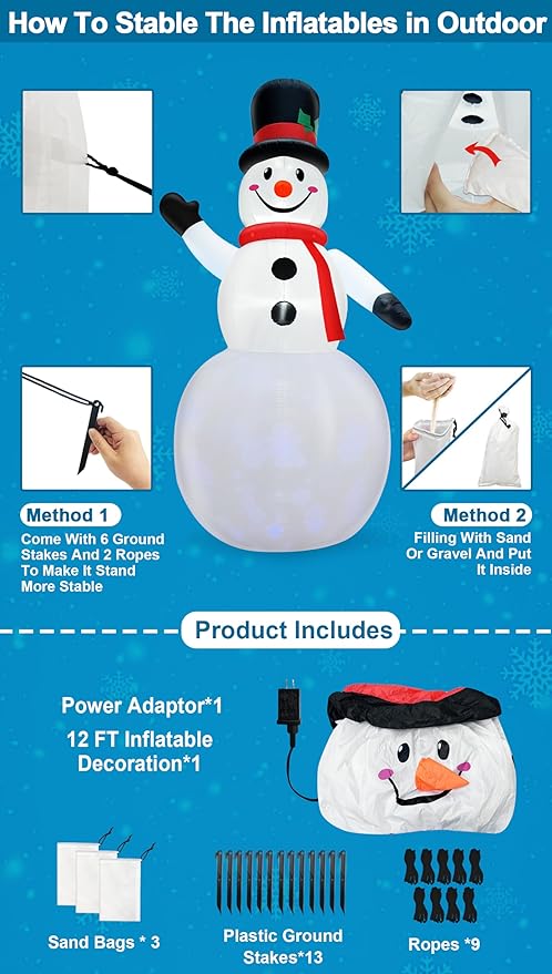 Rotating Snowflake Lights 12 Ft Giant Christmas Inflatables Snowman with Built-in LED Lights Christmas Decorations Outdoor Xmas Blow Up Snowman for Yard Garden Holiday Party Decor
