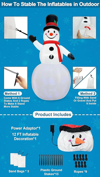 Rotating Snowflake Lights 12 Ft Giant Christmas Inflatables Snowman with Built-in LED Lights Christmas Decorations Outdoor Xmas Blow Up Snowman for Yard Garden Holiday Party Decor