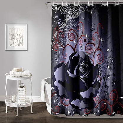AILONEN Black Rose Shower Curtain for Women,Music Rose Bath Curtain for Bathroom Decor,Red and Black Art Polyester Waterproof for Girls with 12 Plastic Hooks,48" W*72" H Black