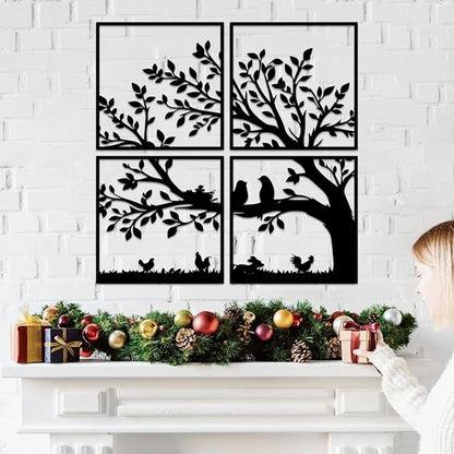 ruelen Wall Decor 4 Pieces Metal Birds and Branch Wall Art, Tree of Life Metal Wall Art, Black Leaves with Birds Silhouette Hanging Wall Sculpture For Indoor Home Bedroom Living Room Office Outdoor