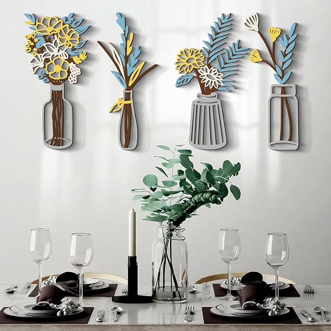 Glamativity Large 4 Pcs Colorful and Black Double-Sided Metal Flowers and Vases Wall Arts, 22.5 x 12'' Minimalist Wall Décor, 3D Textured Sculptures, Floral Iron Wall Decorative